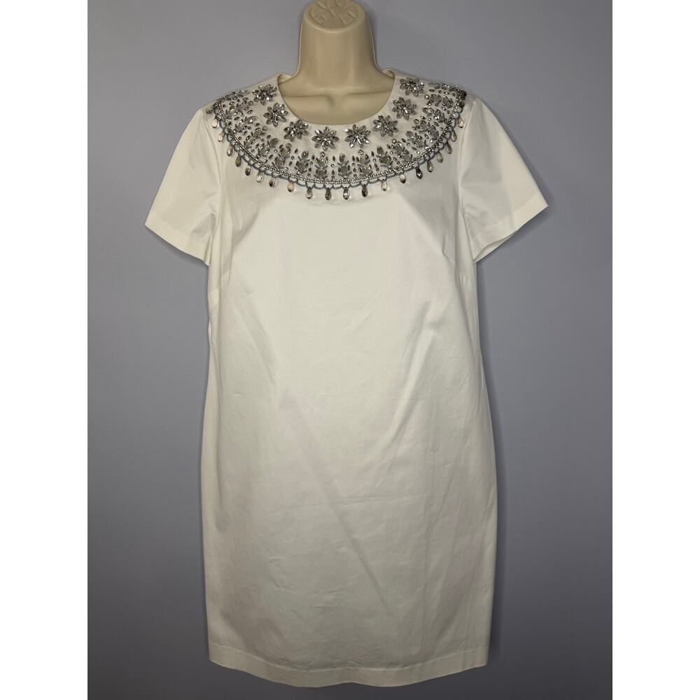 Brooks Brothers Shift White Mini Dress Embellished Jewel Neckline Elegant Sz 14 - Picture 2 of 13